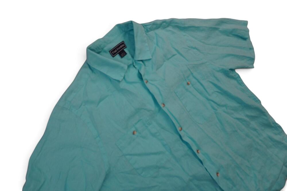 Paul Fredrick Shirt Mens Large Blue Linen Short Sleeve Button Up Classic Fit